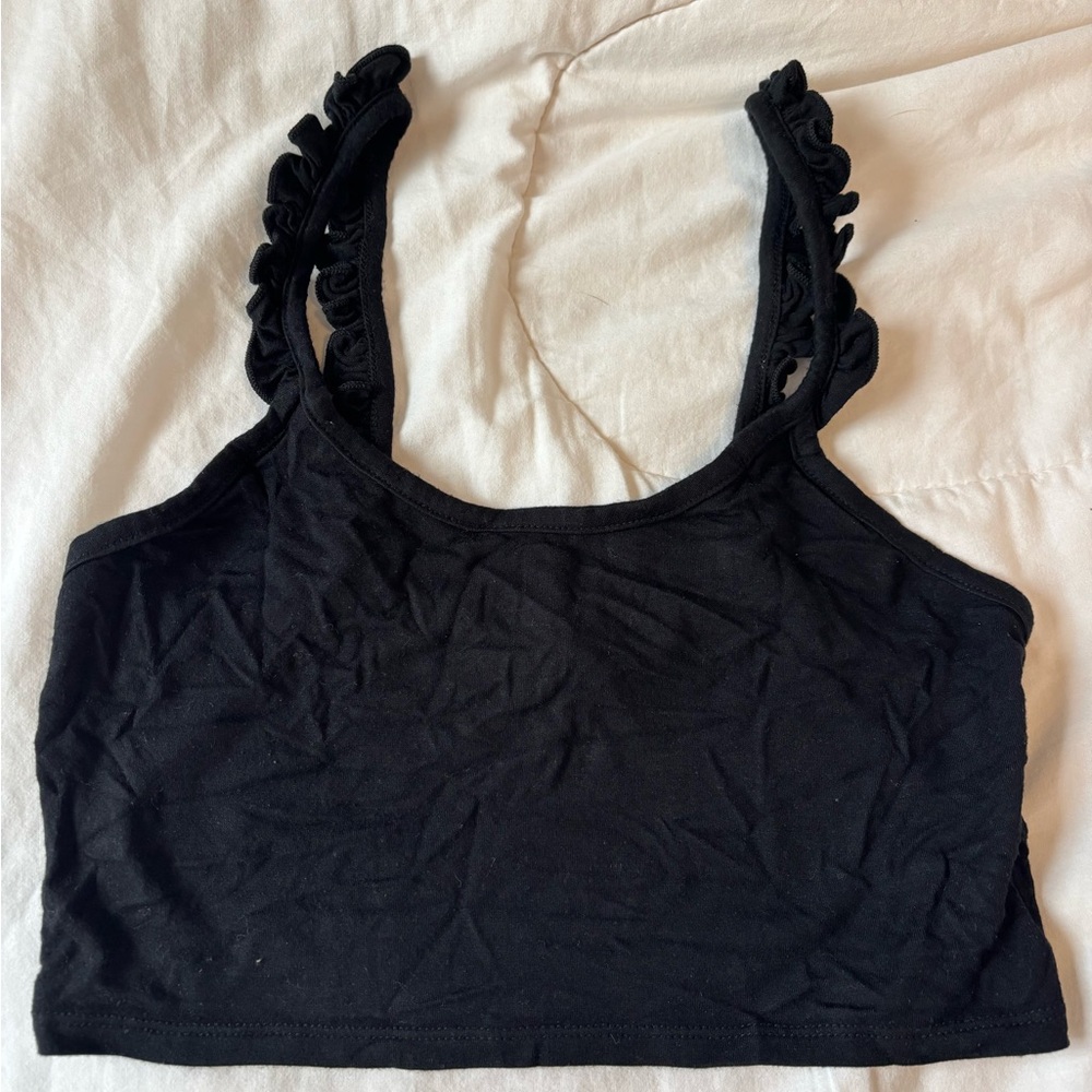 Emma & Sam Black Ruffle-Strap Crop Top